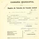 Registo de um veiculo de duas rodas tirado por dois animais de espécie muar destinado a transporte de mercadorias em nome de Manuel Casinhas & Irmão,Ldª, sediada na Fação.