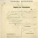 Registo de velocípede com o nº 523, em nome de Joaquim Caetano Barra, morador em Lourel.