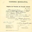 Registo de um veiculo de duas rodas tirado por dois animais de espécie muar destinado a transporte de mercadorias em nome de António Augusto Cardoso, morador na Estribeira, Rio de Mouro.