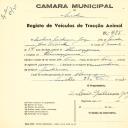 Registo de um veiculo de duas rodas tirado por dois animais de espécie muar destinado a transporte de mercadorias em nome de António [...] Jorge, morador em Almoçageme.