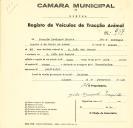 Registo de um veiculo de duas rodas tirado por dois animais de espécie bovina destinado a transporte de mercadorias em nome de Joaquim Domingos Duarte, morador em São João das Lampas.