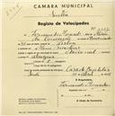 Registo de velocípede de marca Nacional, com o nº 1687, em nome de Fernando Moncado, morador em Mem Martins.