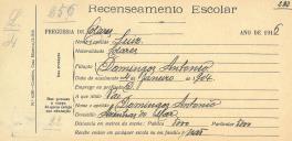 Recenseamento escolar de Luís António, filho de Domingos António, morador nas Azenhas do Mar.