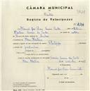 Registo de velocípede de marca Phillips, com o nº 4394, em nome de Manuel José Dias Soares Costa, morador em Mem Martins.