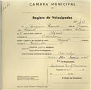 Registo de velocípede de marca Peugeot, com o nº 401, em nome de Joaquim Ramos, morador em Odrinhas.