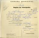 Registo de velocípede de marca Olympique, com o nº 577, em nome de Abel Marques, morador em Vila Verde.