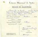 Registo de velocípede de marca Martano, com o nº 9180, em nome de Mário José de Aragão, morador em Colares.