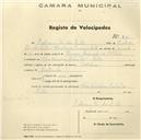 Registo de velocípede com o nº 85, em nome de Estêvão José dos Santos, morador na Rua Sacadura Cabral nº 21, Sintra.