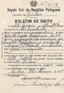 Boletim de óbito de  João da Mata Bragança, morador  em Sintra na Rua Gil Vicente, sepultado no coval nº 7458, do cemitério de S. Marçal.