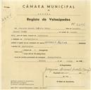 Registo de velocípede de marca Cuciolo, com o nº 5296, em nome de Joaquim Manuel Fadista Sengo, morador em Pero Pinheiro.