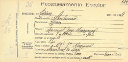 Recenseamento escolar de António Massano, filho de Manuel José Massano, morador nas Azenhas do Mar.