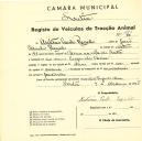 Registo de um veiculo de duas rodas tirado por um animal de espécie asinina destinado a transporte de mercadorias em nome de António Paulo Regalo, morador na Várzea da Vila de Sintra.