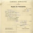 Registo de velocípede de marca de Dinar, com o nº 1646, em nome de João Rocha, morador em Algueirão.