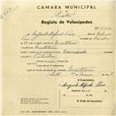 Registo de velocípede com o nº 2920, em nome de Augusto Alfredo Pais, morador em Montelavar.