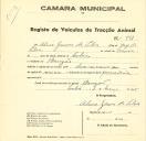 Registo de um veiculo de duas rodas tirado por um animal de espécie muar destinado a transporte de mercadorias em nome de Alice Gomes da Silva, moradora no Banzão. 