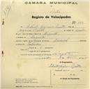 Registo de velocípede de marca Nacional, com o nº 444, em nome de António Joaquim Timóteo, morador em Magoito.