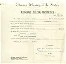 Registo de velocípede de marca Cicles Raio, com o nº 9570, em nome de João José Amaral e Brito, morador em Várzea de Sintra.