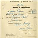 Registo de velocípede de marca Inter, com o nº 1254, em nome de Joaquim Feleciano, morador em Lameiras.