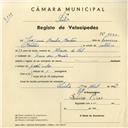 Registo de velocípede com o nº 4220, em nome de Joaquim Banha Martins, morador em Praia das Maçãs.