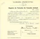 Registo de um veiculo de duas rodas tirado por um animal de espécie muar destinado a transporte de mercadorias em nome de Claudino Manuel dos Santos, morador no Cacém.