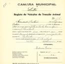 Registo de um veiculo de duas rodas tirado por dois animais de espécie asinina e muar destinado a transporte de mercadorias em nome de Fernando António, morador no Alto do Forte.