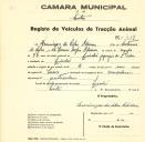 Registo de um veiculo de duas rodas tirado por um animal de espécie asinina destinado a transporte de mercadorias em nome de Domingos da Silva Oliveira, morador no Linhó.