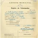 Registo de velocípede de marca Helios, com o nº 3882, em nome de Carlos Mendonça Batista, morador em Várzea de Sintra.