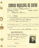 Registo de matricula de velocipedista em nome de Emídio Pedroso, morador em Belas, com o nº de inscrição 2907.