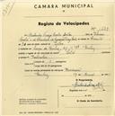 Registo de velocípede de marca Zenith, com o nº 1429, em nome de Gertrudes Fiuza Costa Matos, morador em Largo de Queluz nº 26, Queluz.