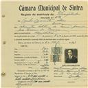 Registo de matricula de velocipedista em nome de Carlos Camarate [Nica], morador em Queluz, com o nº de inscrição 734.