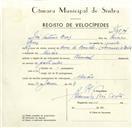 Registo de velocípede de marca Nacional, com o nº 9514, em nome de José António Brás, morador em Mercês.