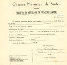 Registo de um veiculo de duas rodas tirado por um ou mais animais de espécie bovina destinado a transporte de mercadorias em nome de António Fernando Ruivo dos Santos, morador no Seixal.
