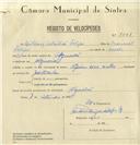Registo de velocípede de marca Alpino, com o nº 8268, em nome de António Sebastião Filipe, morador em Algueirão.
