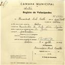 Registo de velocípede de marca La Guide, com o nº 2572, em nome de Bernardino Leal Coelho, morador em Escadinhas da Ponte Nova, Agualva.