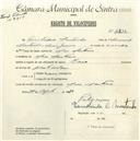 Registo de velocípede de marca Raio, com o nº 4826, em nome de Custódio Martinho, morador em Mem Martins.
