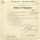 Registo de velocípede de marca Olympique, com o nº 856, em nome de Manuel Julião, morador em Terrugem.