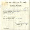Registo de velocípede de marca Caravela, com o nº 4949, em nome de Luís Assunção Carvalho, morador em Praia das Maçãs.