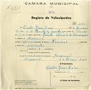 Registo de velocípede de marca Nacional, com o nº 1000, em nome de Carlos Jesus Dias, morador em Massamá.