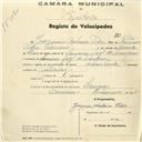 Registo de velocípede com o nº 159, em nome de Joaquim António Pedro, morador em Lameiras.