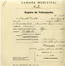 Registo de velocípede de marca Olga, com o nº 2208, em nome de Manuel Duarte, morador em Amoreira.