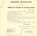 Registo de um veiculo de duas rodas tirado por um animal de espécie bovina destinado a transporte de mercadorias em nome de Maximiano Miguel Pereira, morador em Janas.