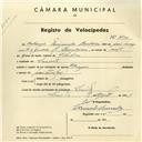 Registo de velocípede de marca Origan, com o nº 3800, em nome de António Miranda Bandarra, morador em Sacotes.
