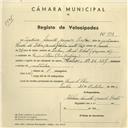 Registo de velocípede de marca Helios, com o nº 3896, em nome de Idalina Garrett Curado Prates, moradora em Fação d'Além.