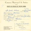 Registo de um veiculo de duas rodas tirado por um animal de espécie bovina destinado a transporte de mercadorias em nome de José Jordão, morador em Morelinho.