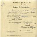 Registo de velocípede de marca Champion, com o nº 2935, em nome de Almerindo Jorge dos Santos, morador em Fontanelas.