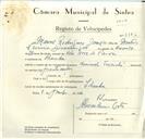 Registo de velocípede de marca Nacional, com o nº 8986, em nome de Manuel Rodrigues Domingos, morador em Idanha.