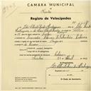 Registo de velocípede de marca Origam, com o nº 1644, em nome de Júlio Alberto Freitas Rodrigues, morador em S. Sebastião, Colares.