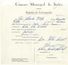 Registo de velocípede com o nº 8850, em nome de José Almeida Filipe, morador em Vila Simões, Sintra.