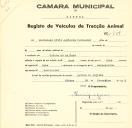 Registo de um veiculo de duas rodas tirado por dois animais de espécie bovina destinado a transporte de mercadorias em nome de Sociedade Civil Agrícola Serra-Mar,sediada na Quinta do Anjinho.