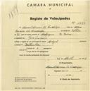 Registo de velocípede com o nº 1778, em nome de Manuel Casaca da Conceição, morador em Pero Pinheiro.